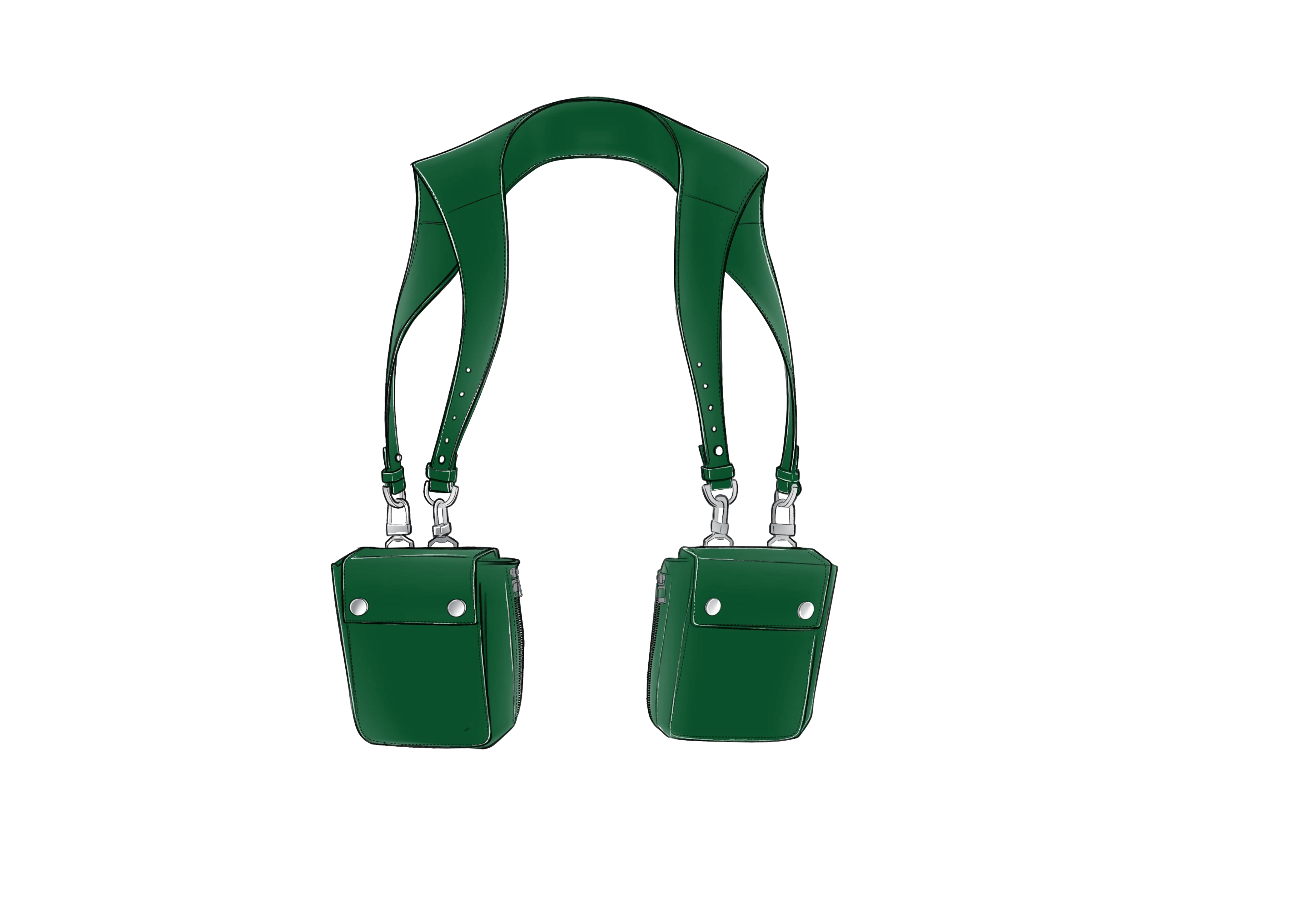 Refined drawing of the harness bag, with strap geometry and pouch dimensions